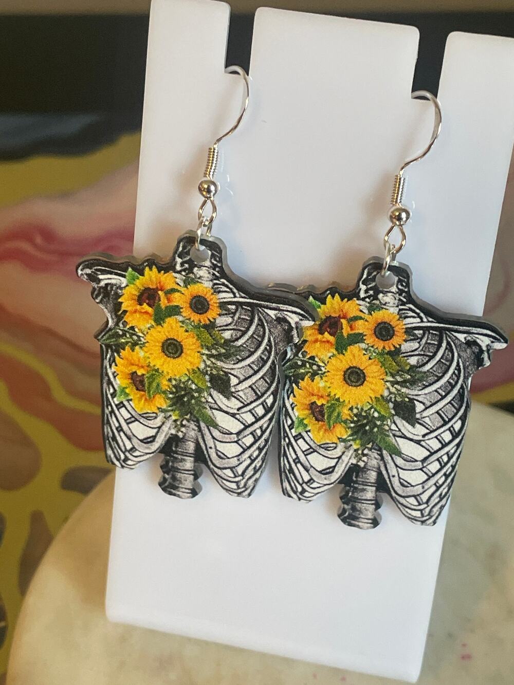 Skeleton hand and sun flower gothic earrings 925 sterling silver